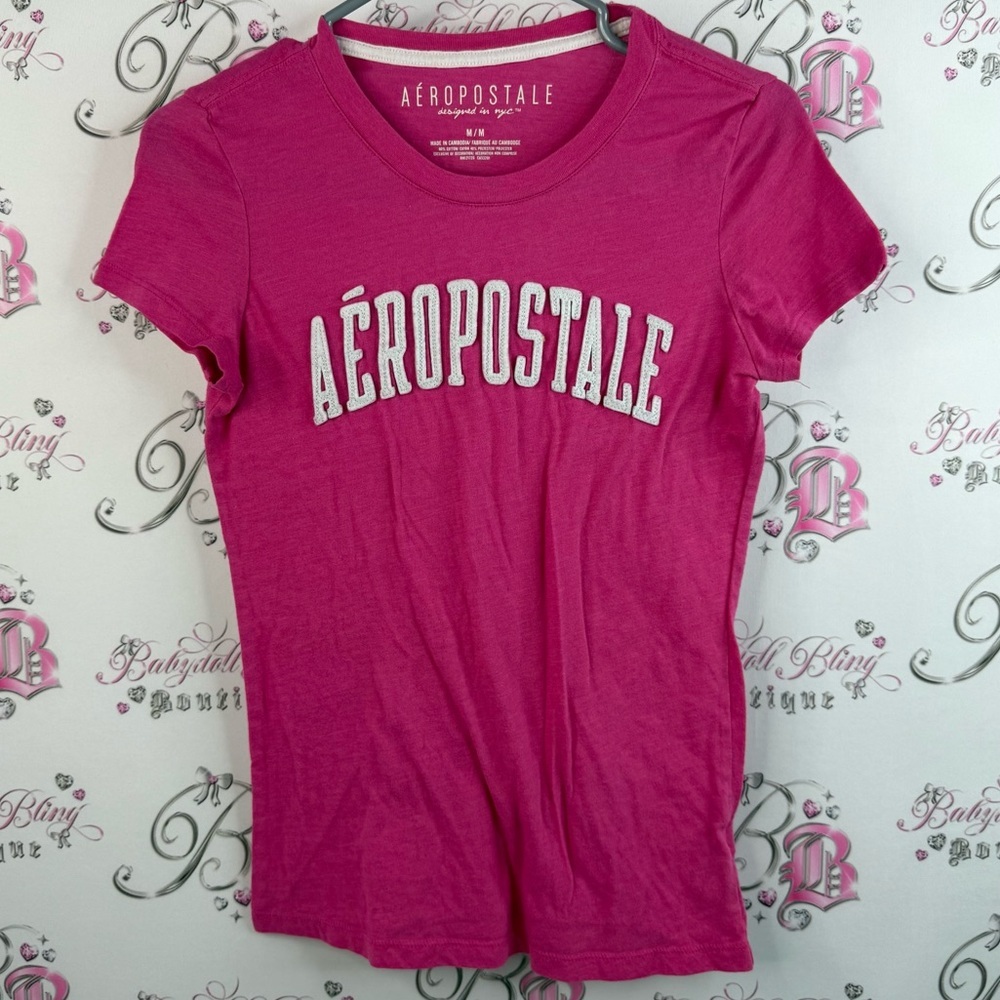 Aeropostale T-shirt white 3D logo embroidered Y2K pink Fuchsia Logo Tee